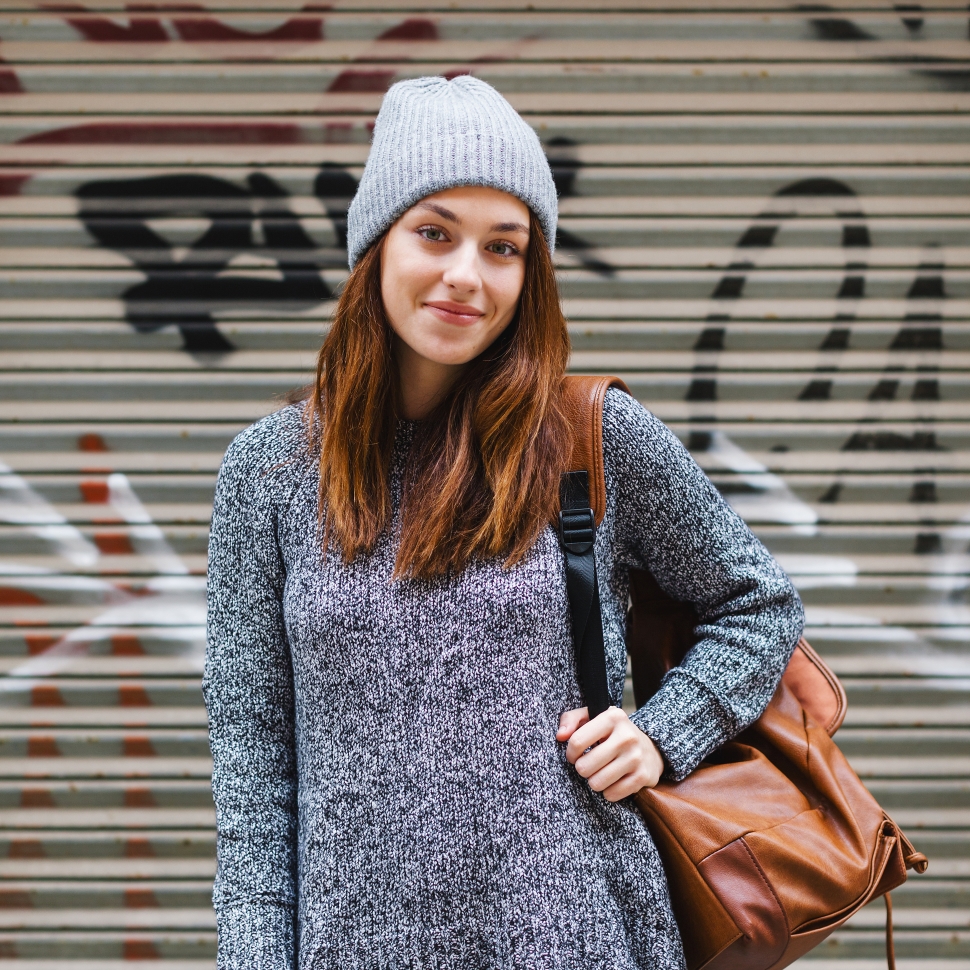 Young woman using digital table.