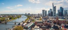 View of skyline at center business district in Frankfurt, Germany. Frankfurt is financial business center of Germany and Europe.