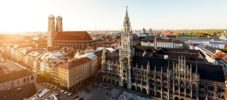 Aerial view on Munich old town hall or Marienplatz town hall and Frauenkirche in Munich, Germany